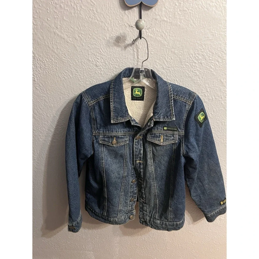 John Deere Jacket Boys Large 10/12 Blue Sherpa Lined Canvas Shacket Snap Farming